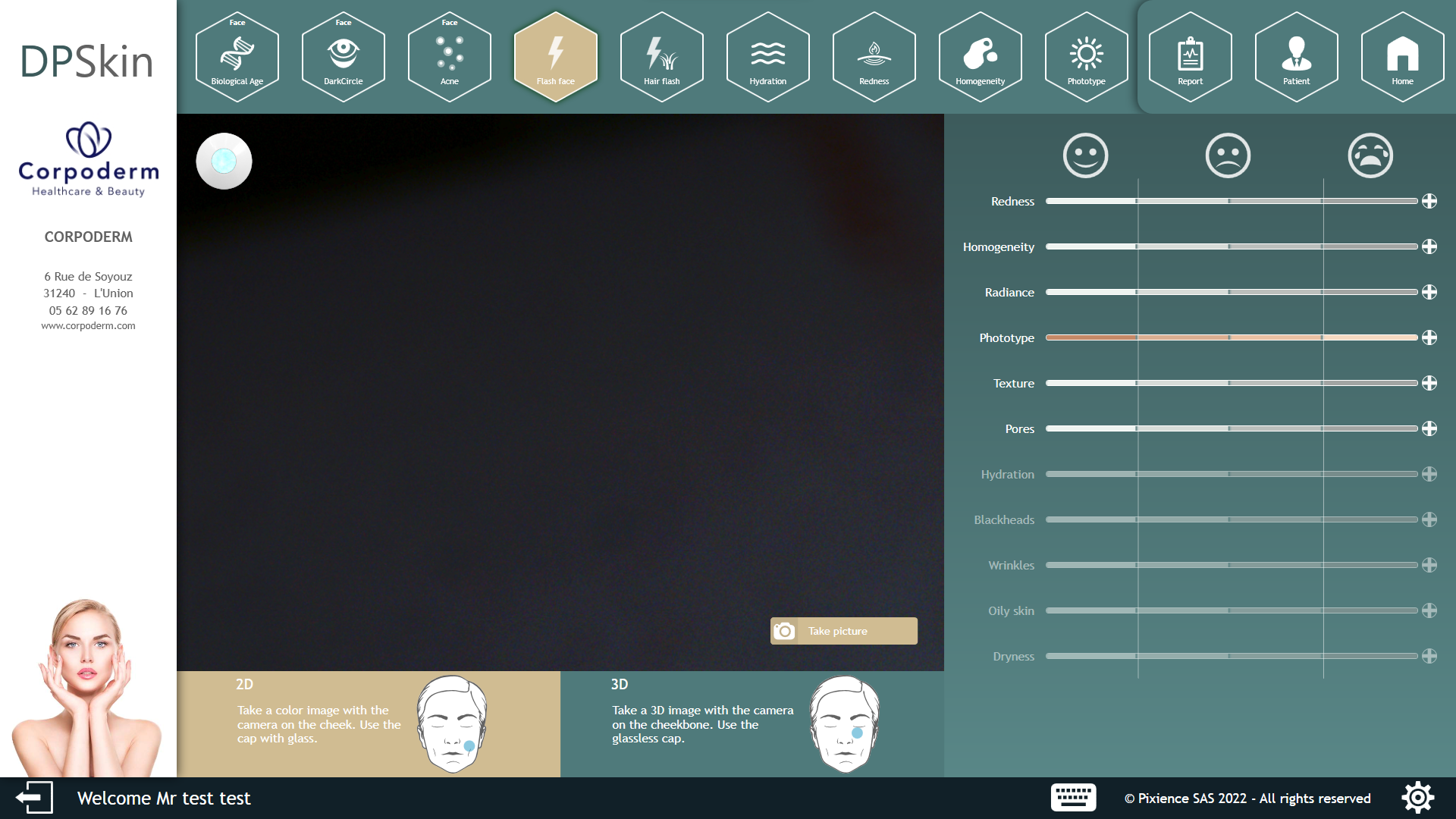 interfaz de pasos de análisis de la piel con dp skin